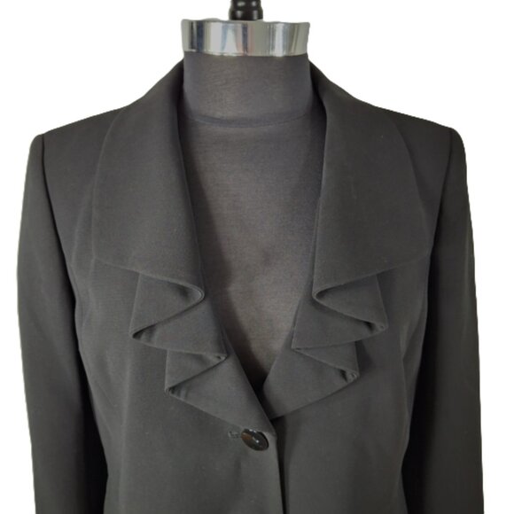 Jones Studio Ruffle Lapel Career Suit Jacket Blazer Sz 12 Matte Black Holiday - Picture 3 of 16